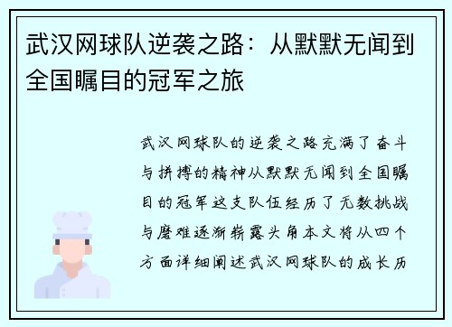 武汉网球队逆袭之路：从默默无闻到全国瞩目的冠军之旅